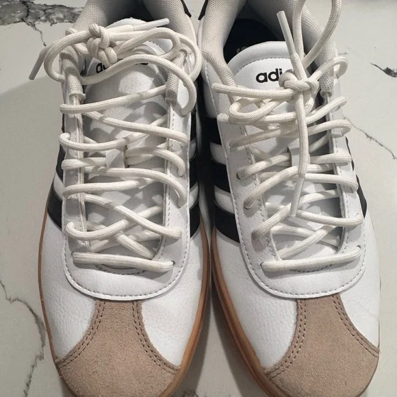 Adidas White and Black Sneakers with Tan Sole - Picture 2 of 5